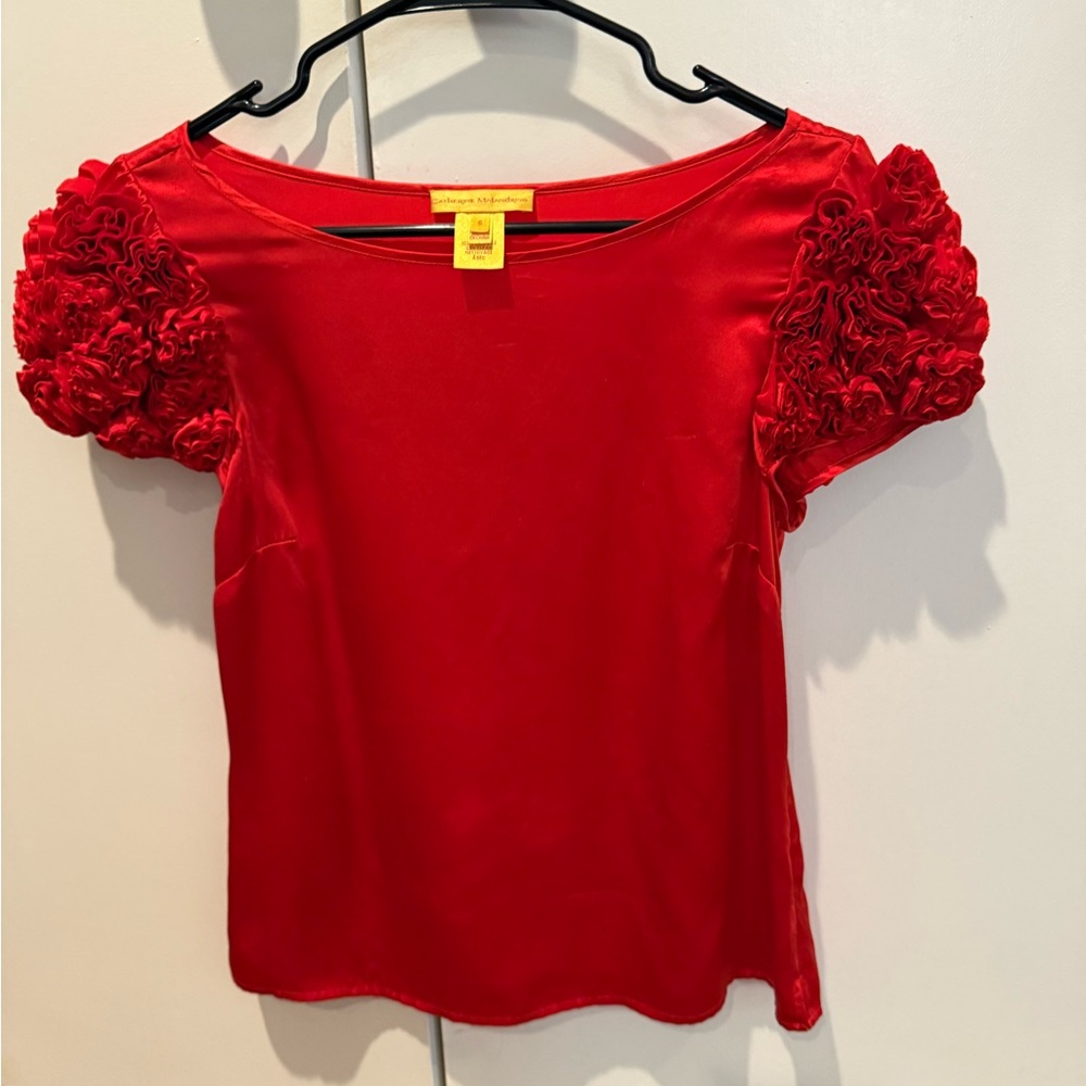Catherine Malandrino Red Satin Blouse with Ruffled Sleeves